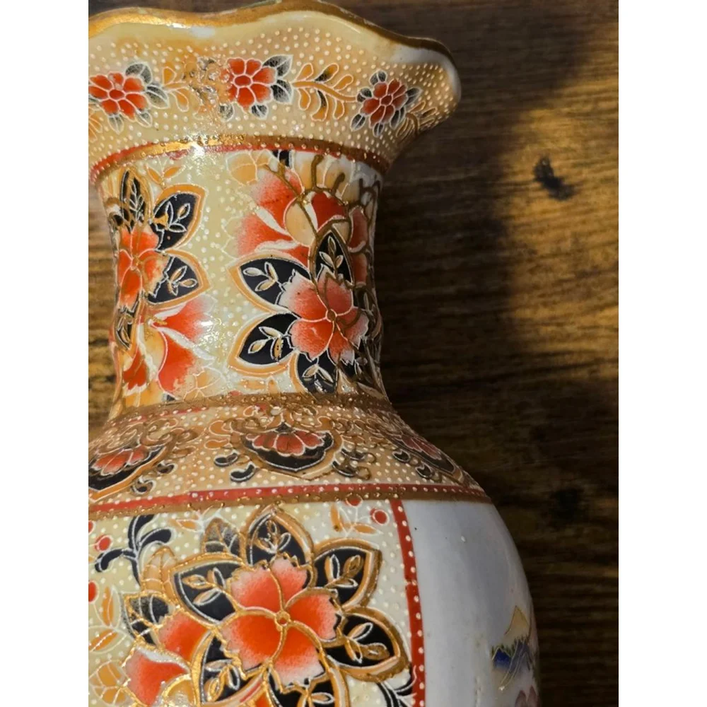 Set of 2 Vintage‎ Japanese Style Vases Tan/Red 10 inch